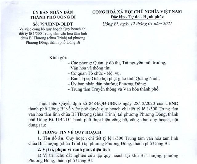 Công văn V/v công bố quy hoạch Quy hoạch chi tiết tỷ lệ 1/500 Trung tâm văn hoá tâm linh chùa Bí Thượng (Chùa Trình) tại phường Phương Đông, thành phố Uông Bí