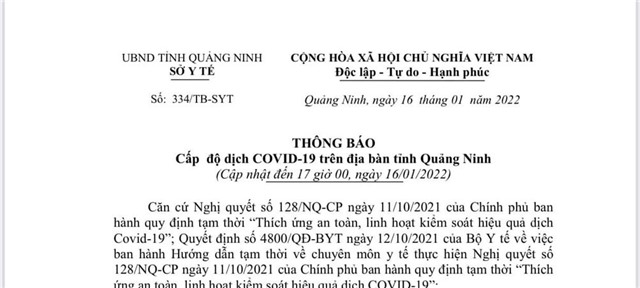 Thông báo cấp độ dịch Covid-19 trên địa bàn tỉnh Quảng Ninh (đến 17h00' ngày 16/01/2022)