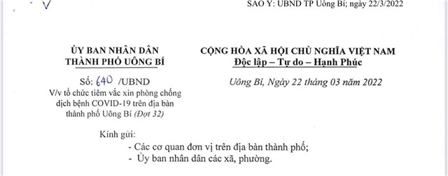 Về việc tổ chức tiêm vắc xin phòng chống dịch bệnh COVID-19 trên địa bàn thành phố Uông Bí (Đợt 32)