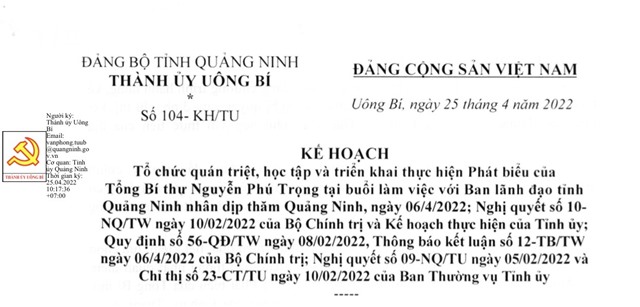 Kế hoạch Tổ chức quán triệt, học tập và triển khai thực hiện phát biểu của Tổng Bí thư Nguyễn Phú Trọng tại buổi làm việc với Ban lãnh đạo tỉnh QN nhân dịp thăm QN