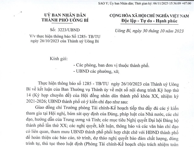 Thực hiện thông báo số 1285-TB/TU ngày 26/10/2023 của Thành uỷ Uông Bí