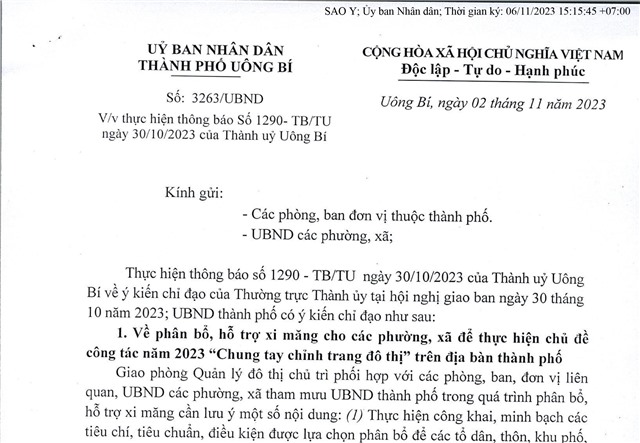 Thực hiện thông báo số 1290-TB/TU ngày 30/10/2023 của Thành uỷ Uông Bí