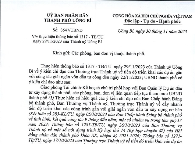 Về việc thực hiện thông báo số 1317 -TB/TU ngày 29/11/2023 của Thành ủy Uông Bí