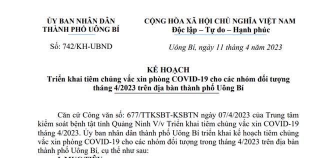 Kế hoạch triển khai tiêm chủng văcxin phòng COVID-19 cho các nhóm đối tượng tháng 4/2023 trên địa bàn thành phố Uông Bí