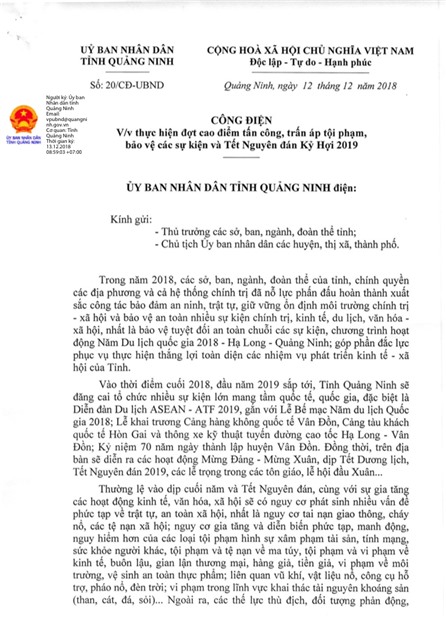 Công điện thực hiện đợt cao điểm tấn công, trấn áp tội phạm, bảo vệ các sự kiện và Tết Nguyên đán Kỷ Hợi 2019