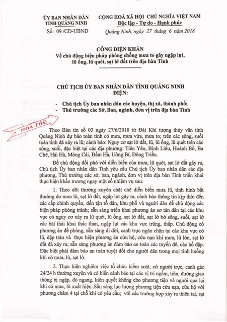 Công điện khẩn chủ động biện pháp phòng, chống mưa to gây ngập lụt, lũ ống, lũ quét, sạt lở đất trên địa bàn