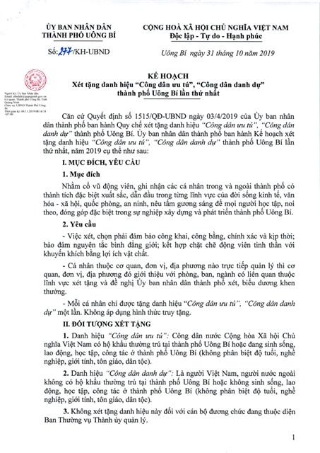 Thành phố Uông Bí ban hành kế hoạch xét tặng danh hiệu "Công dân ưu tú", "Công dân danh dự" lần thứ nhất 