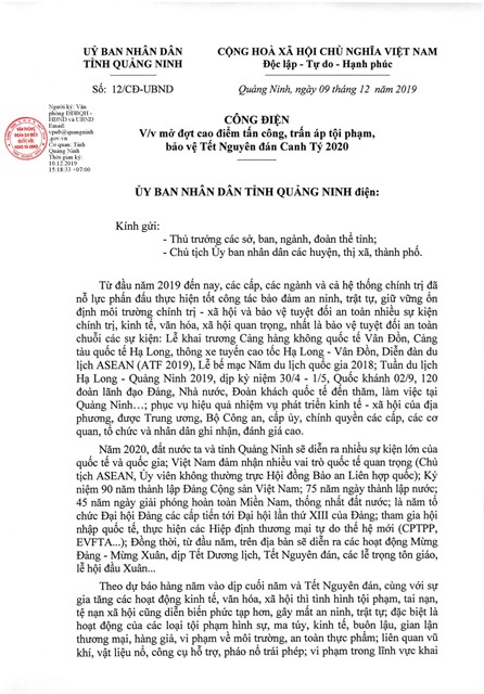 Công điện về mở đợt cao điểm tấn công, trấn áp tội phạm bảo vệ Tết Nguyên đán Canh Tý 2020