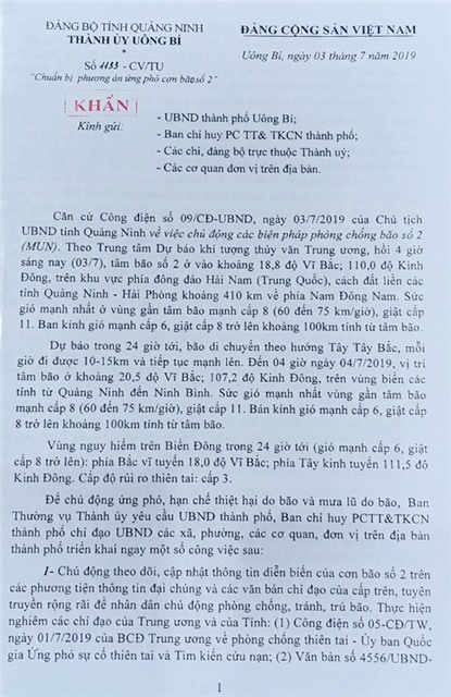Công văn chuẩn bị phương án ứng phó cơn bão số 2