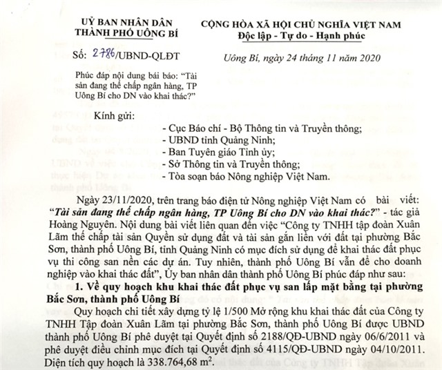 Phúc đáp nội dung bài báo: "Tài sản đang thế chấp ngân hàng, TP Uông Bí cho DN vào kbai thác?"