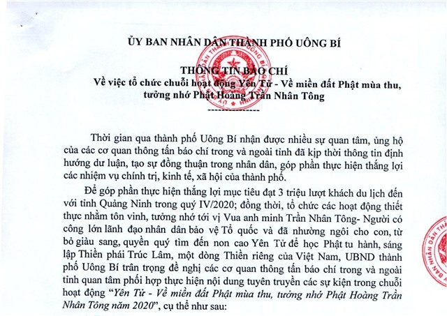 Thông tin báo chí về việc tổ chức chuỗi hoạt động Yên tử - Về miền đất Phật mùa thu, tưởng nhớ Phật Hoàng Trần Nhân Tông