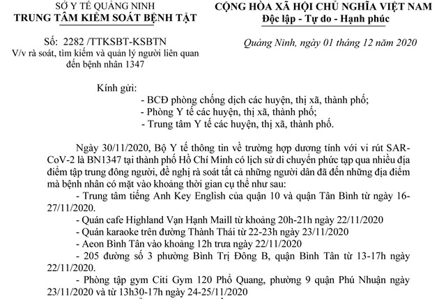 Rà soát, tìm kiếm và quản lý người liên quan đến bệnh nhân 1347