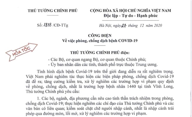 Công điện của Thủ tướng Chính phủ về việc phòng, chống dịch bệnh COVID-19