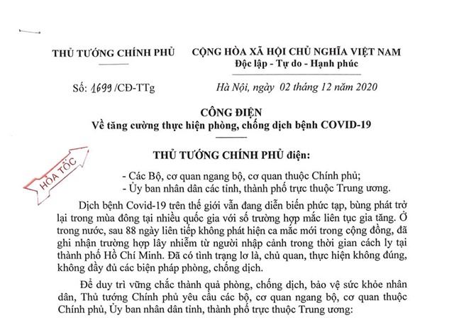 Công điện về tăng cường thực hiện phòng, chống dịch bệnh COVID-19 