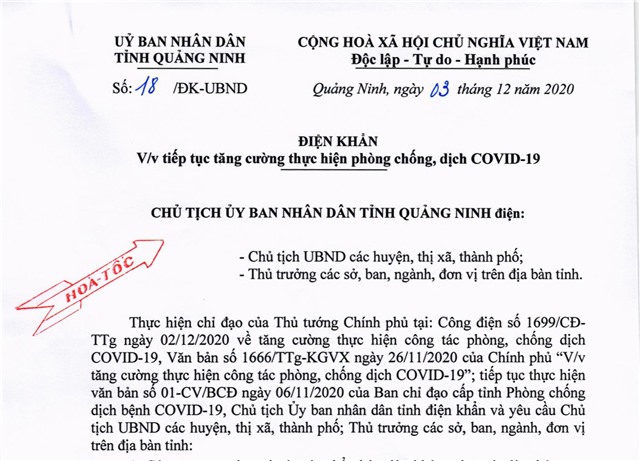 Điện khẩn của Chủ tịch UBND tỉnh Quảng Ninh về việc tiếp tục tăng cường thực hiện phòng, chống dịch COVID-19
