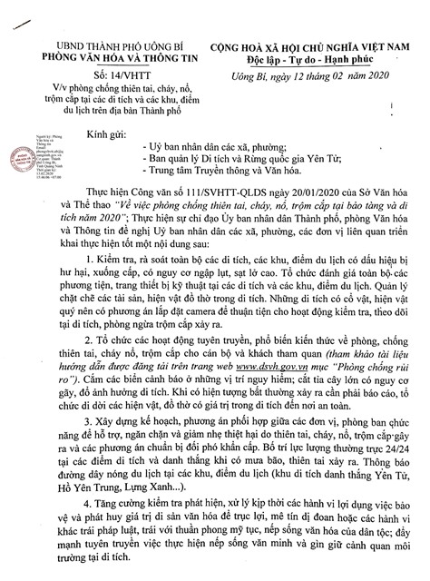 Công văn V/v phòng chống thiên tai, cháy nổ, trộm cắp tại các di tích