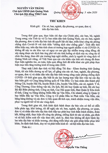 Thư khen của Chủ tịch UBND tỉnh về công tác phòng, chống dịch Covid-19