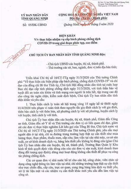 Điện khẩn của UBND tỉnh Quảng Ninh v/v thực hiện nhiệm vụ cấp bách phòng chống dịch Covid-19 trong giai đoạn phức tạp, cao điểm