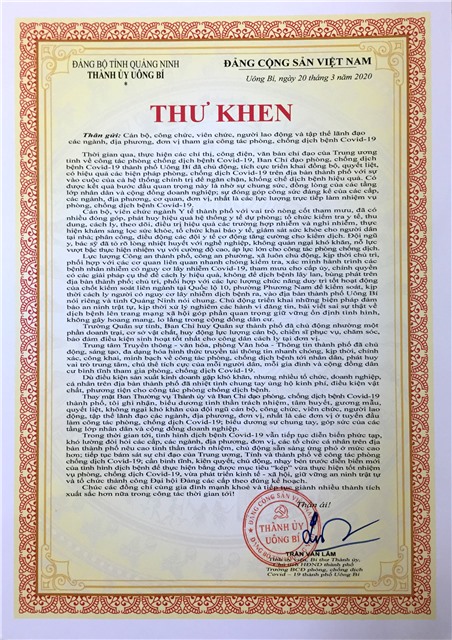 Thư khen của Bí thư Thành ủy thành phố Uông Bí về công tác phòng, chống dịch bệnh Covid-19