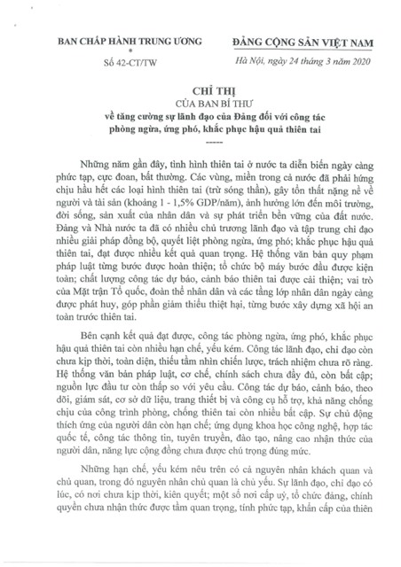 Chỉ thị của Ban Bí thư về tăng cường sự lãnh đạo của Đảng đối với công tác phòng ngừa, ứng phó, khắc phục hậu quả thiên tai 