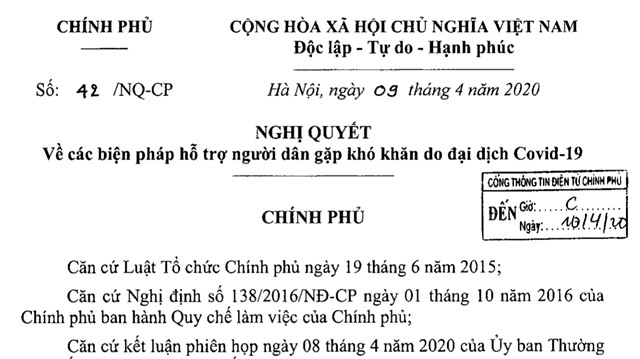 Nghị quyết về các biện pháp hỗ trợ người dân gặp khó khăn do đại dịch COVID-19