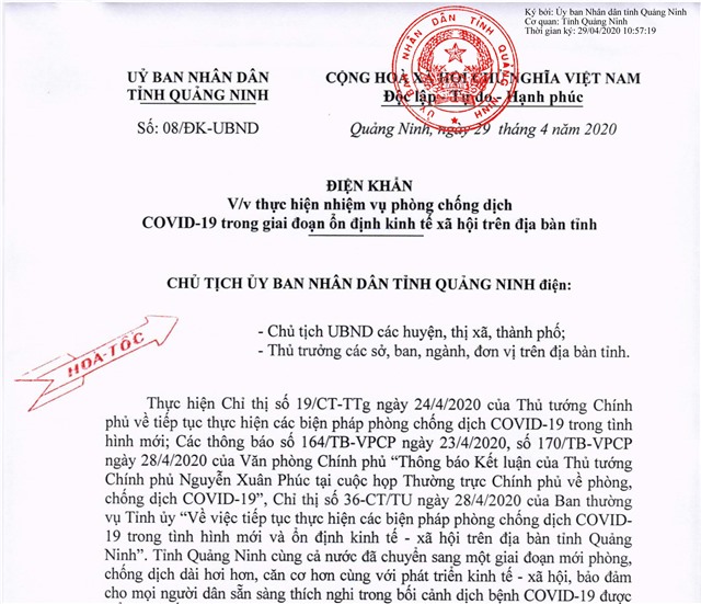 Điện khẩn của UBND tỉnh Quảng Ninh về việc thực hiện nhiệm vụ phòng, chống dịch COVID-19 trong giai đoạn ổn định KT-XH trên địa bàn tỉnh