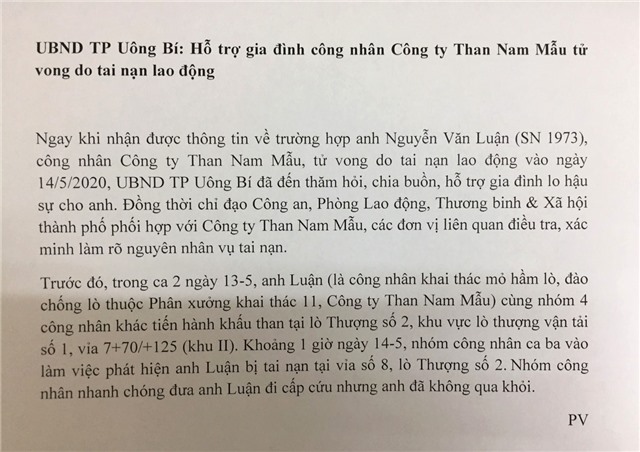 UBND TP Uông Bí: Hỗ trợ gia đình công nhân Công ty Than Nam Mẫu tử vong do tai nạn lao động
