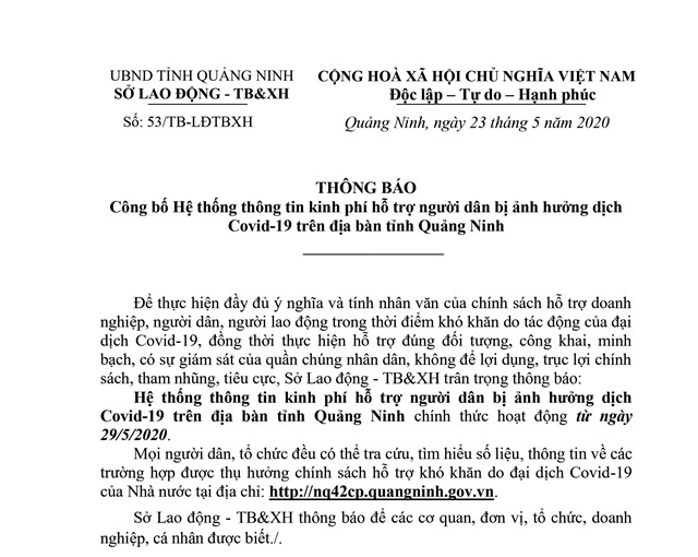 THÔNG BÁO: Công bố Hệ thống thông tin kinh phí hỗ trợ người dân bị ảnh hưởng dịch Covid-19 trên địa bàn tỉnh Quảng Ninh