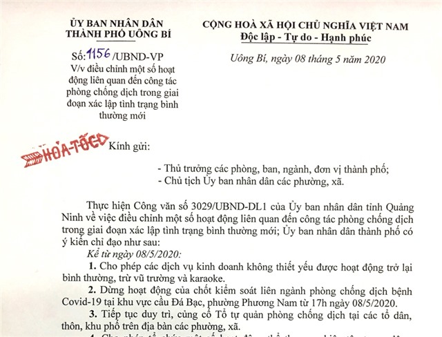 Từ ngày 8/5, Uông Bí điều chỉnh một số hoạt động liên quan đến công tác phòng chống dịch trong giai đoạn xác lập tình trạng bình thường mới