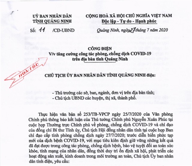 Công điện tăng cường công tác phòng, chống dịch COVID-19 trên địa bàn tỉnh Quảng Ninh