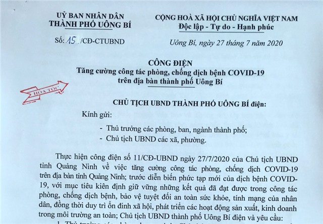Công điện tăng cường công tác phòng, chống dịch COVID-19 trên địa bàn thành phố Uông Bí