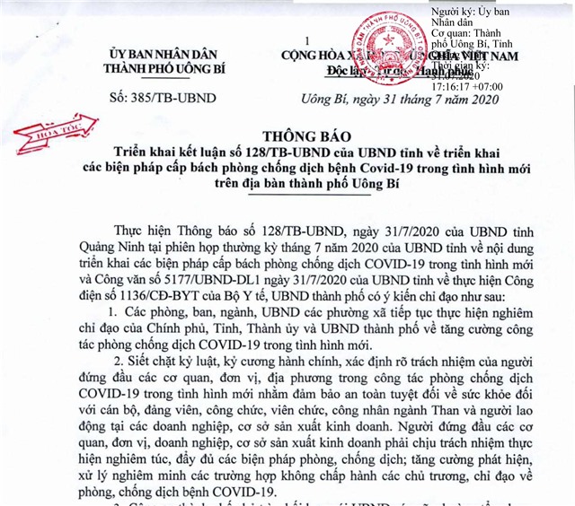 Thông báo triển khai Kết luận số 128/TB-UBND của UBND tỉnh về triển khai các biện pháp cấp bách phòng chống dịch bệnh COVID-19 trong tình hình mới trên địa bàn TP Uông Bí