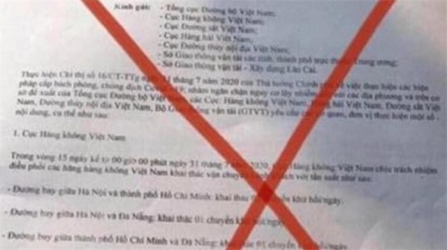 Văn bản 'dừng các đường bay nội địa từ 0 giờ ngày 31/7' là giả mạo