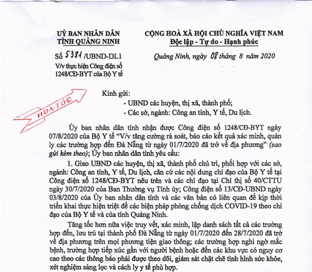 Thực hiện Công điện số 1248/CĐ-BYT của Bộ Y tế về việc tăng cường rà soát, báo cáo kết quả xác minh, quản lý các trường hợp đến Đà Nằng từ ngày 01/7/2020 đã trở về địa phương 