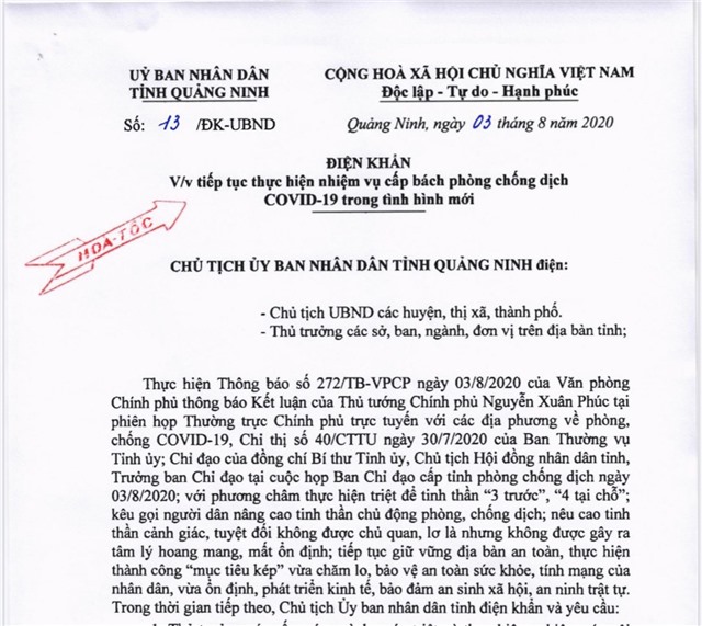 Điện khẩn của Chủ tịch Ủy ban nhân dân tỉnh về việc tiếp tục thực hiện nhiệm vụ cấp bách phòng chống dịch COVID-19 trong tình hình mới