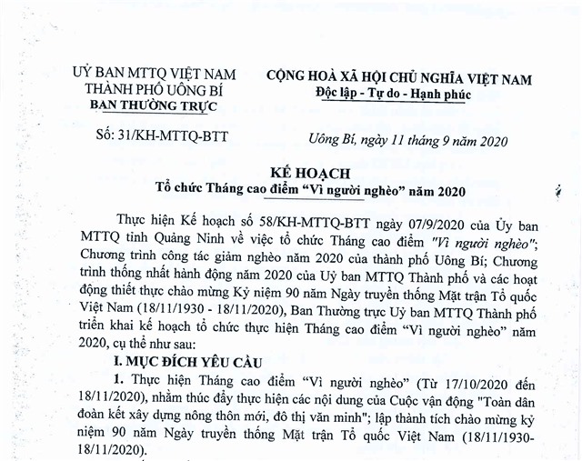 Kế hoạch tổ chức Tháng cao điểm "Vì người nghèo" năm 2020