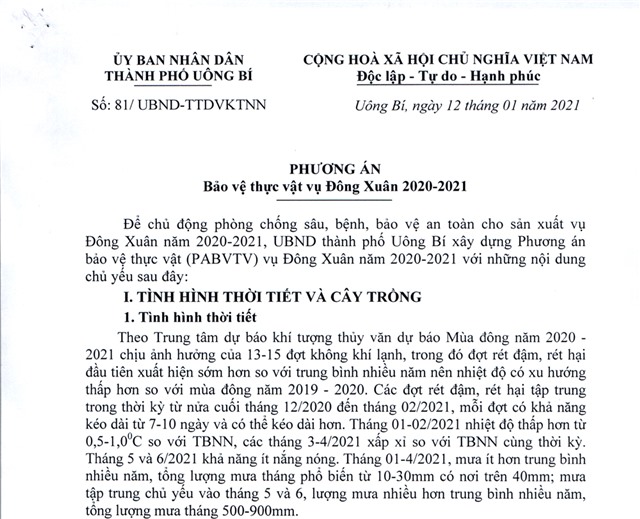 Phương án bảo vệ thực vật vụ Đông Xuân 2020-2021