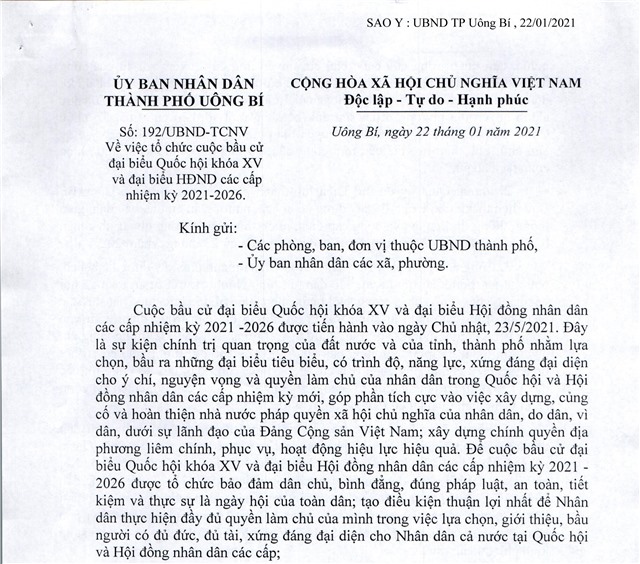 Công văn về việc tổ chức cuộc bầu cử đại biểu Quốc hội khóa XV và bầu cử Hội đồng nhân dân các cấp nhiệm kỳ 2021-2026
