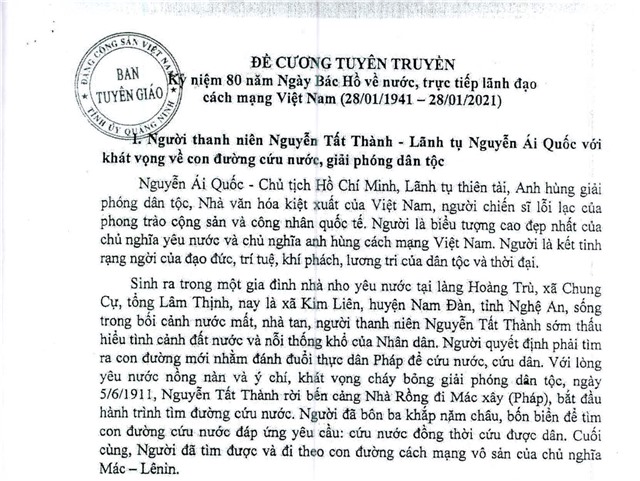 Đề cương tuyên truyền kỷ niệm 80 năm ngày Bác Hồ về nước, trực tiếp lãnh đạo cách mạng Việt Nam (28/01/1941-28/01/2021)