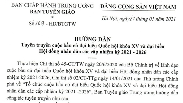 HƯỚNG DẪN SỐ 169 CỦA BAN TUYÊN GIÁO TRUNG ƯƠNG VỀ TUYÊN TRUYỀN CUỘC BẦU CỬ ĐBQH KHOÁ XV VÀ ĐẠI BIỂU HĐND CÁC CẤP NHIỆM KỲ 2021-2026