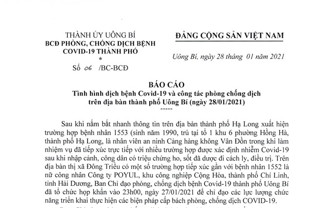 Báo cáo tình hình dịch bệnh Covid-19 và công tác phòng chống dịch trên địa bàn thành phố Uông Bí 