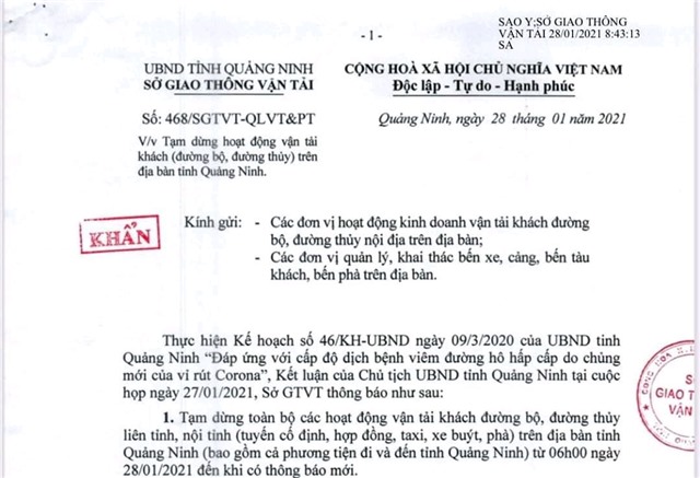 Tạm dừng hoạt động vận tải khách (đường bộ, đường thủy) trên địa bàn tỉnh Quảng Ninh