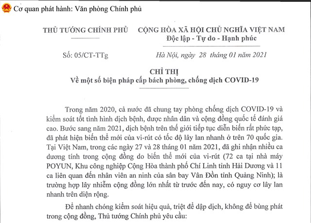 Thủ tướng Chính phủ ban hành Chỉ thị về một số biện pháp cấp bách phòng, chống dịch Covid-19