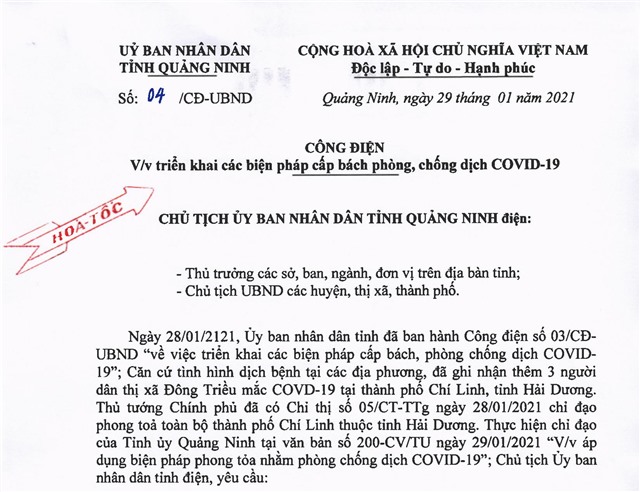 Công điện của Chủ tịch UBND tỉnh về việc triển khai các biện pháp cấp bách phòng, chống dịch Covid-19