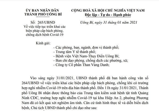 Công văn của UBND thành phố Uông Bí về việc tiếp tục triển khai các biện pháp cấp bách phòng chống dịch bệnh Covid-19