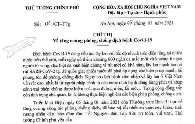 Chỉ thị của Thủ tướng Chính phủ về tăng cường phòng, chống dịch bệnh COVID-19
