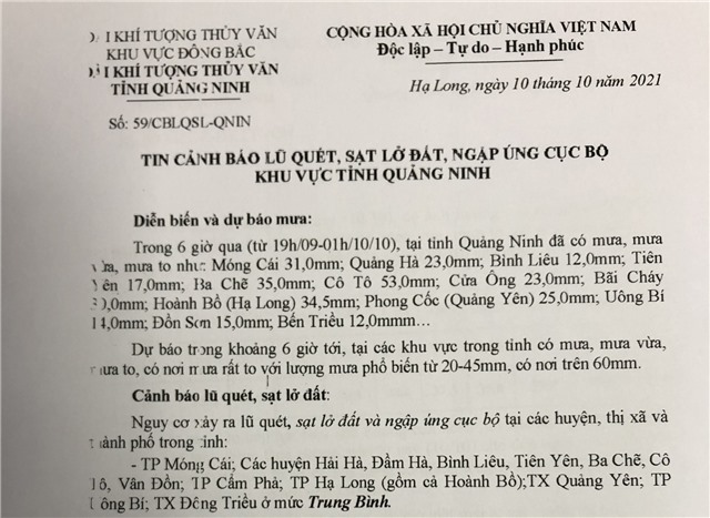 Cảnh báo lũ quét, sạt lở đất, ngập úng cục bộ khu vực tỉnh Quảng Ninh 