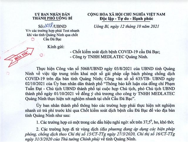 Các trường hợp phải Test nhanh khi vào tỉnh Quảng Ninh qua chốt Cầu Đá Bạc