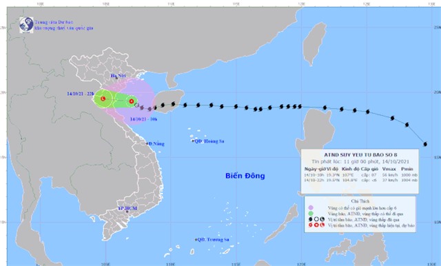 Áp thấp nhiệt đới sẽ suy yếu thành một vùng áp thấp, đi vào khu vực Thanh Hóa, Nghệ An