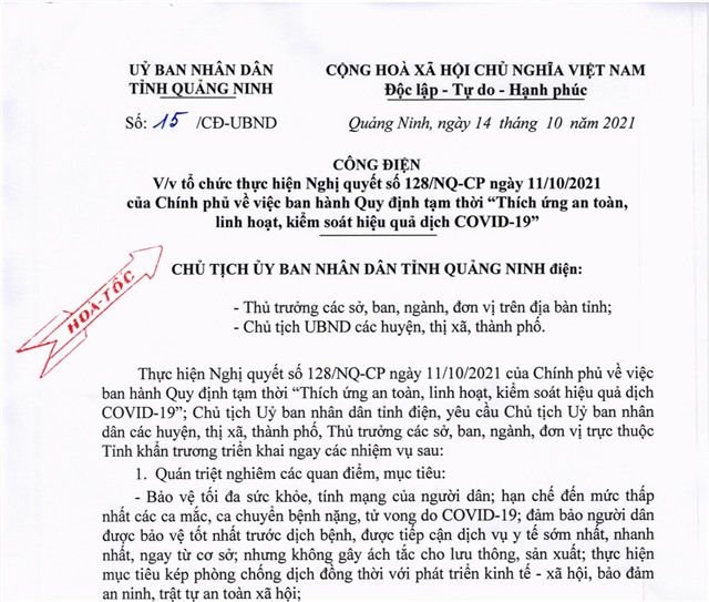 Về việc tổ chức thực hiện Nghị quyết số 28/NQ-CP ngày 11/102021 của Chính phủ về việc ban hành Quy định tạm thời "Thích ứng an toàn, linh hoạt, kiểm soát hiệu quả dịch COVID-19"